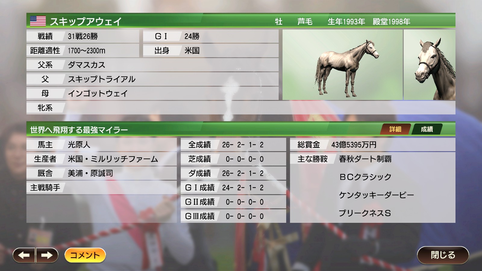 ウイニングポスト9 1994年1月2週分の海外おすすめ競走馬 1993年産駒 データ一覧 光る原人